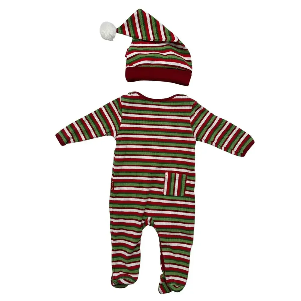 LE TOP Reindeer Stripe Ribbed Romper + Hat Size 6 Months Red Green White Cotton